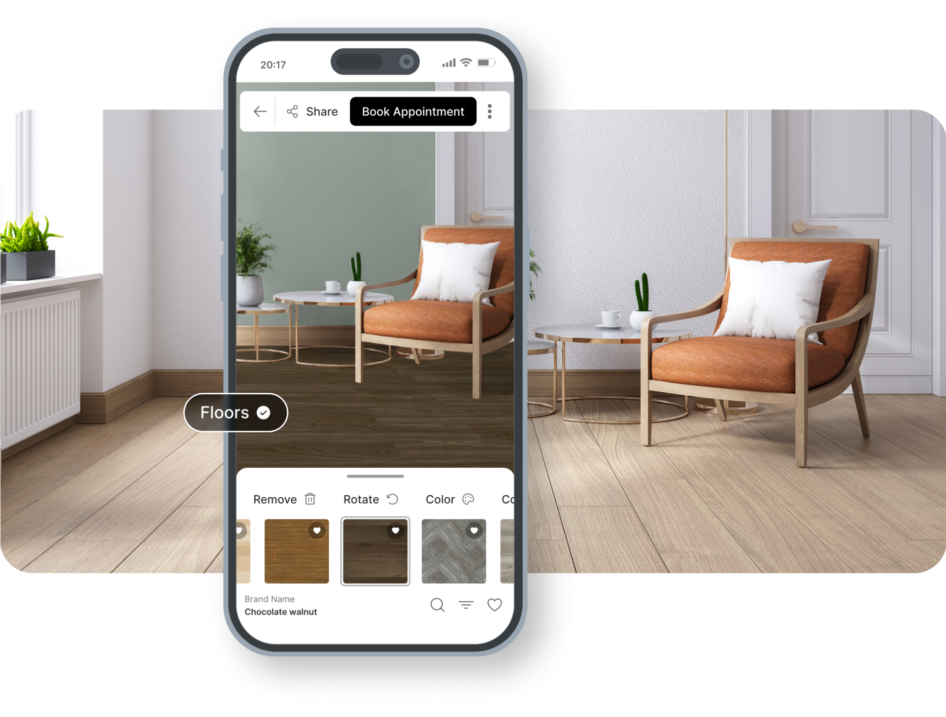 Roomvo flooring visualizer showing a room on a phone